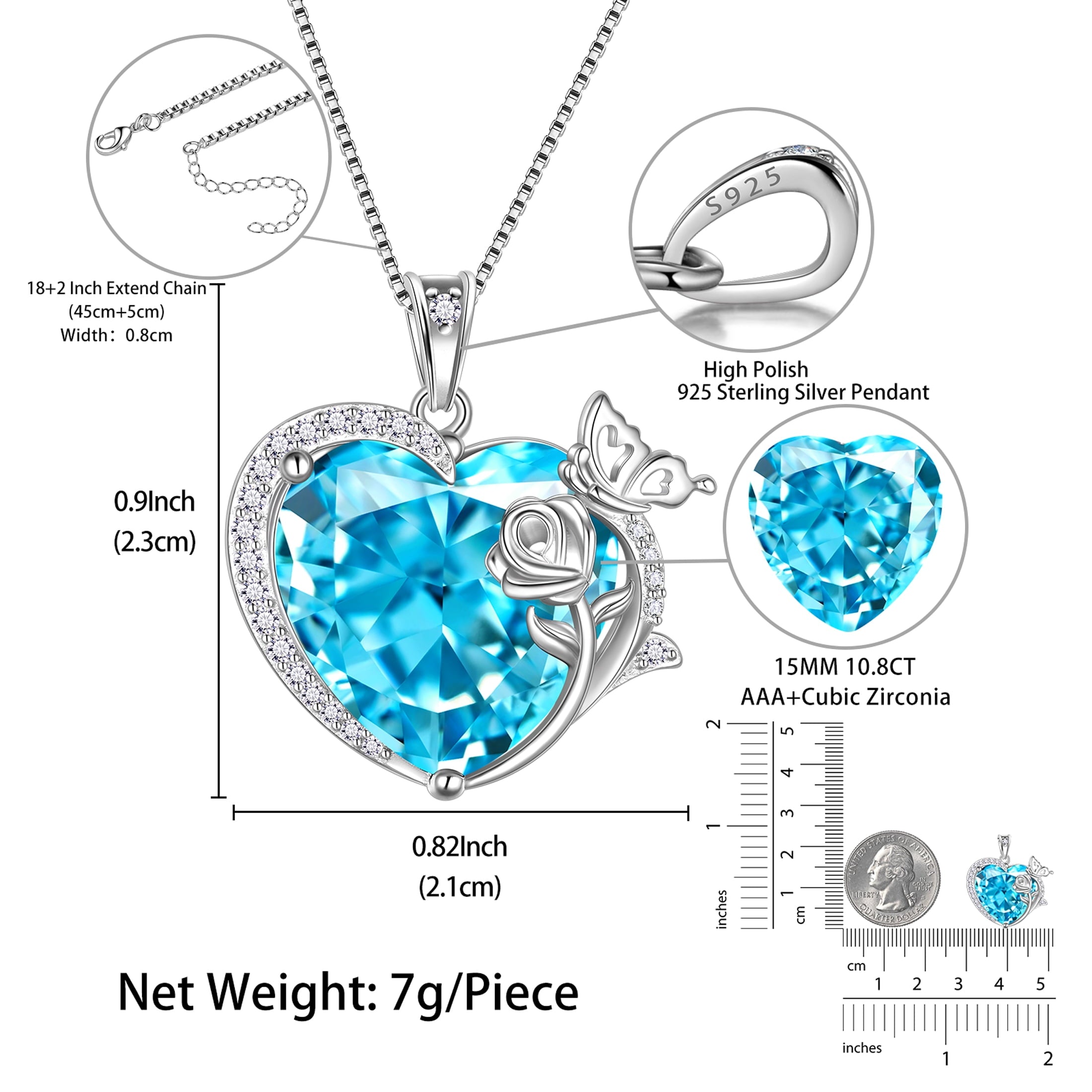 Women Heart Necklace Butterfly Rose Flower Pendant March Birthstone Aquamarine Blue Jewelry 925 Sterling Silver Wife Mother Birthday Gifts - Aurora Tears