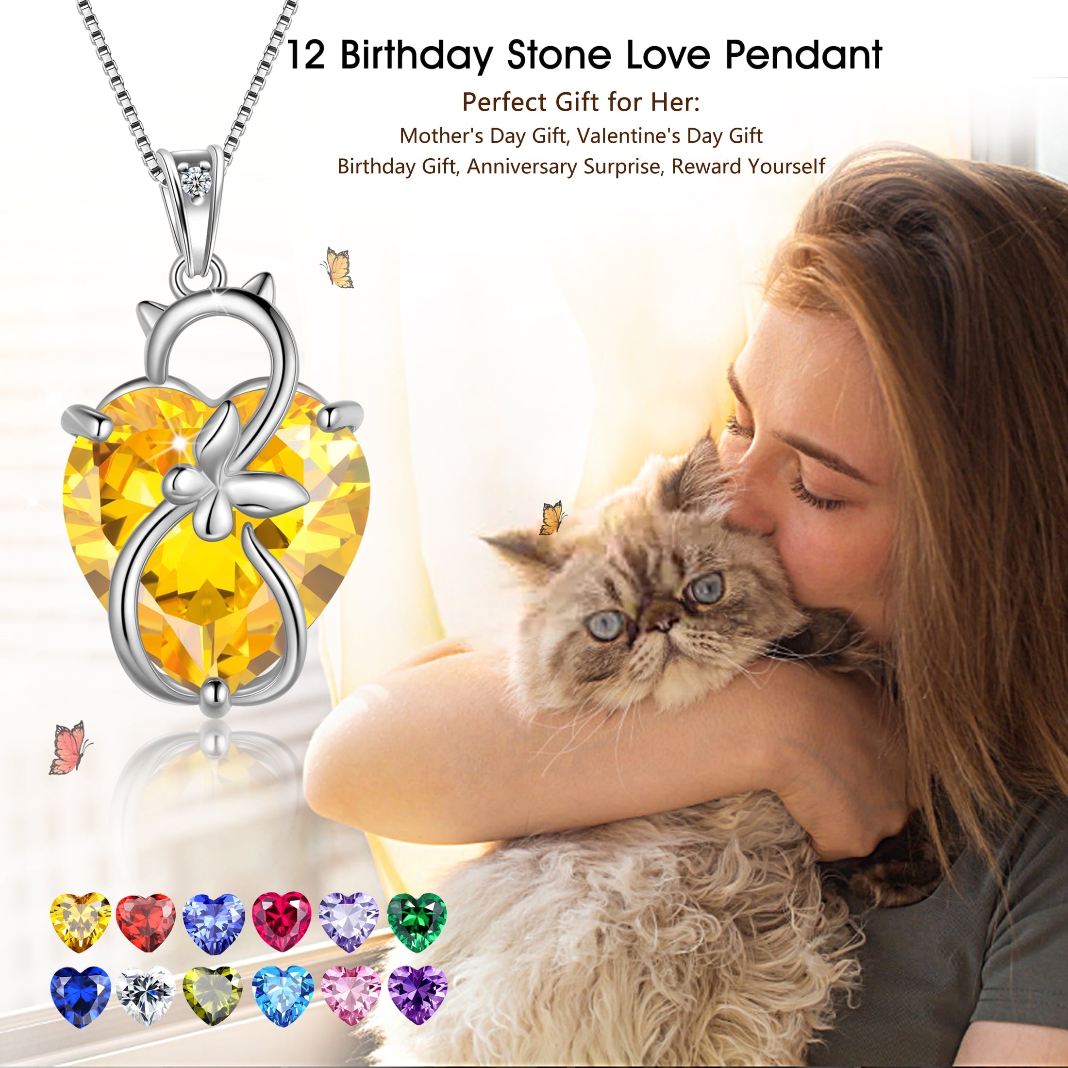15MM Women Cat Necklace Heart April Birthstone 925 Sterling Silver Pendant Diamond Crystal Butterfly Jewelry Birthday Gift for Cat Lover - Aurora Tears