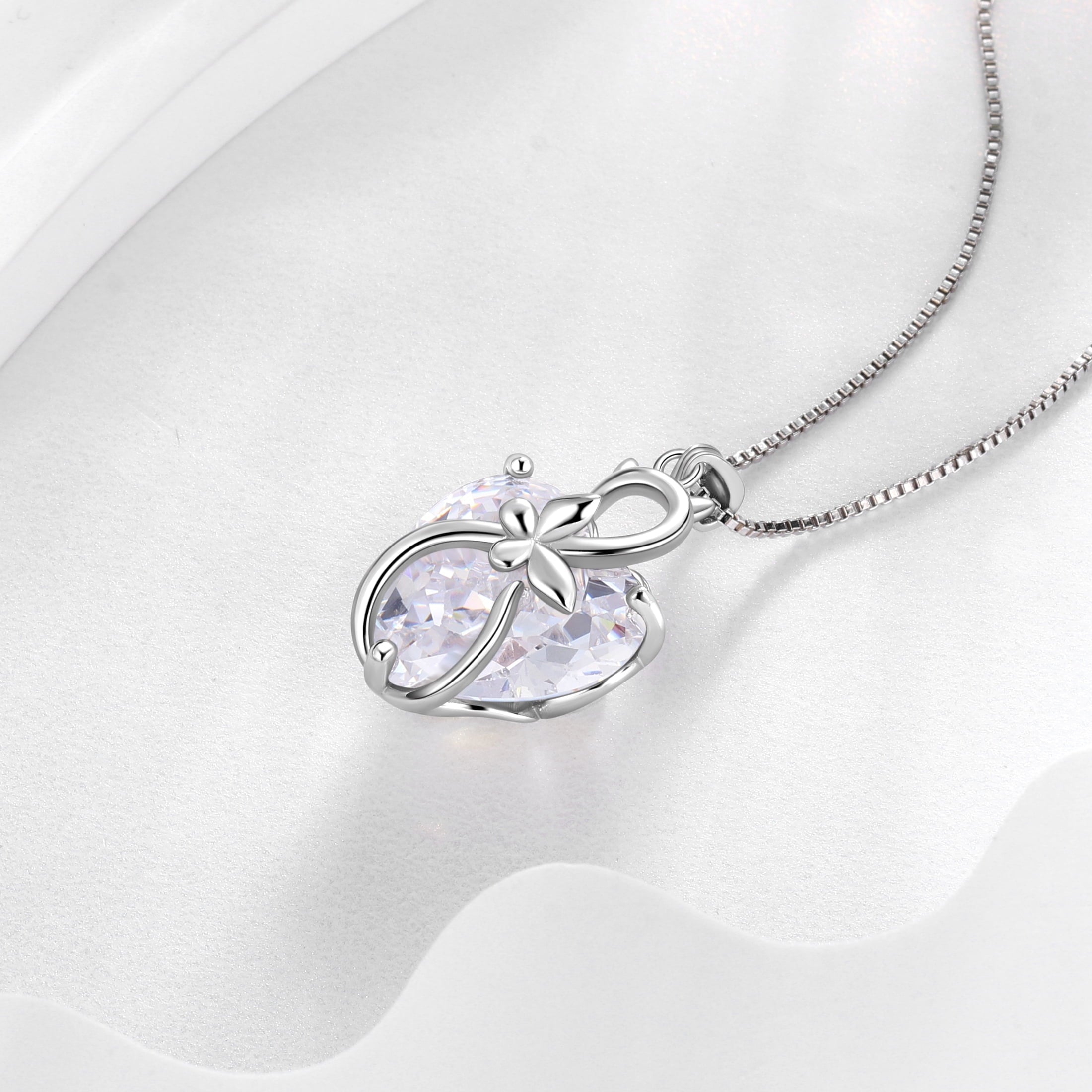 15MM Women Cat Necklace Heart April Birthstone 925 Sterling Silver Pendant Diamond Crystal Butterfly Jewelry Birthday Gift for Cat Lover - Aurora Tears