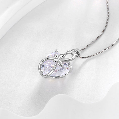 15MM Women Cat Necklace Heart April Birthstone 925 Sterling Silver Pendant Diamond Crystal Butterfly Jewelry Birthday Gift for Cat Lover - Aurora Tears