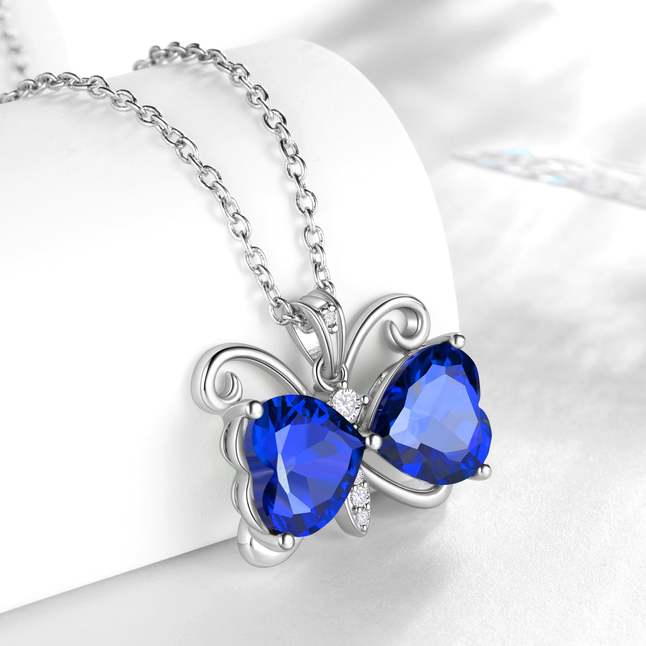 Women Blue Butterfly Necklace Heart September Birthstone Necklace Sapphire CZ Silver Plated Pendant Jewelry Birthday Mother's Day Gift for Her - Aurora Tears