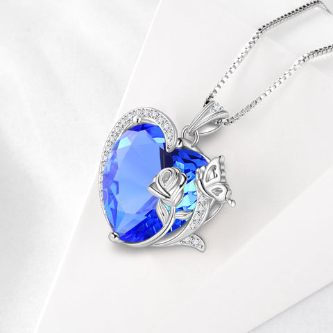 Women Heart Necklace Butterfly Rose Flower Pendant December Tanzanite Blue Jewelry 925 Sterling Silver Wife Mother Christmas Valentines Gifts - Aurora Tears