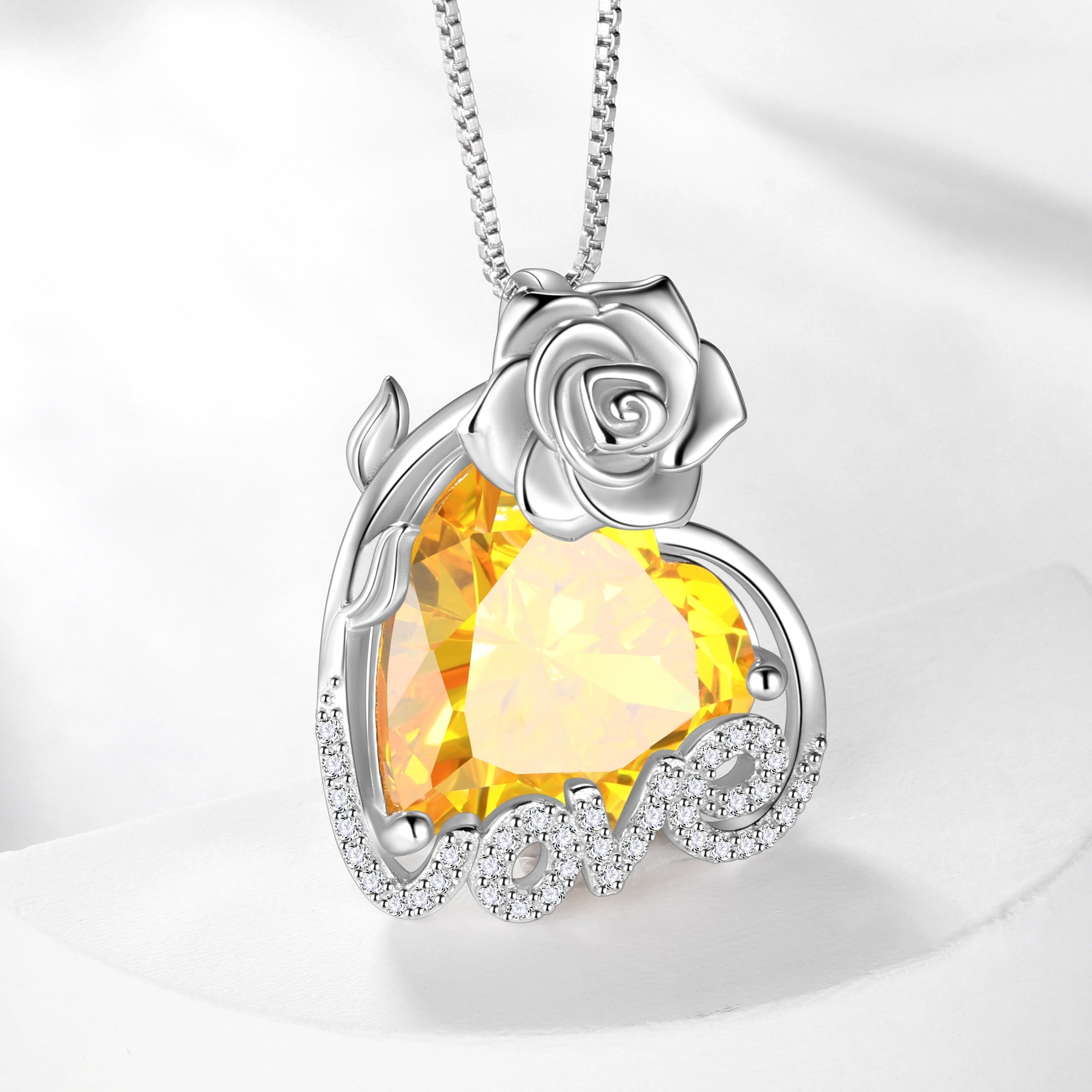 15MM Rose Heart Women Necklace November Birthstone 925 Sterling Silver Love Flower Pendant Yellow Citrine Jewelry Mom Christmas Birthday Valentines Gift - Aurora Tears