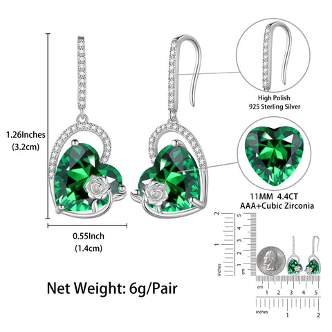 Cat Butterfly Earrings for Women 925 Sterling Silver Heart May Birthstone Hook Dangling Earring Emerald Green Rose Flower Jewelry Birthday Mother's Day Gift - Aurora Tears