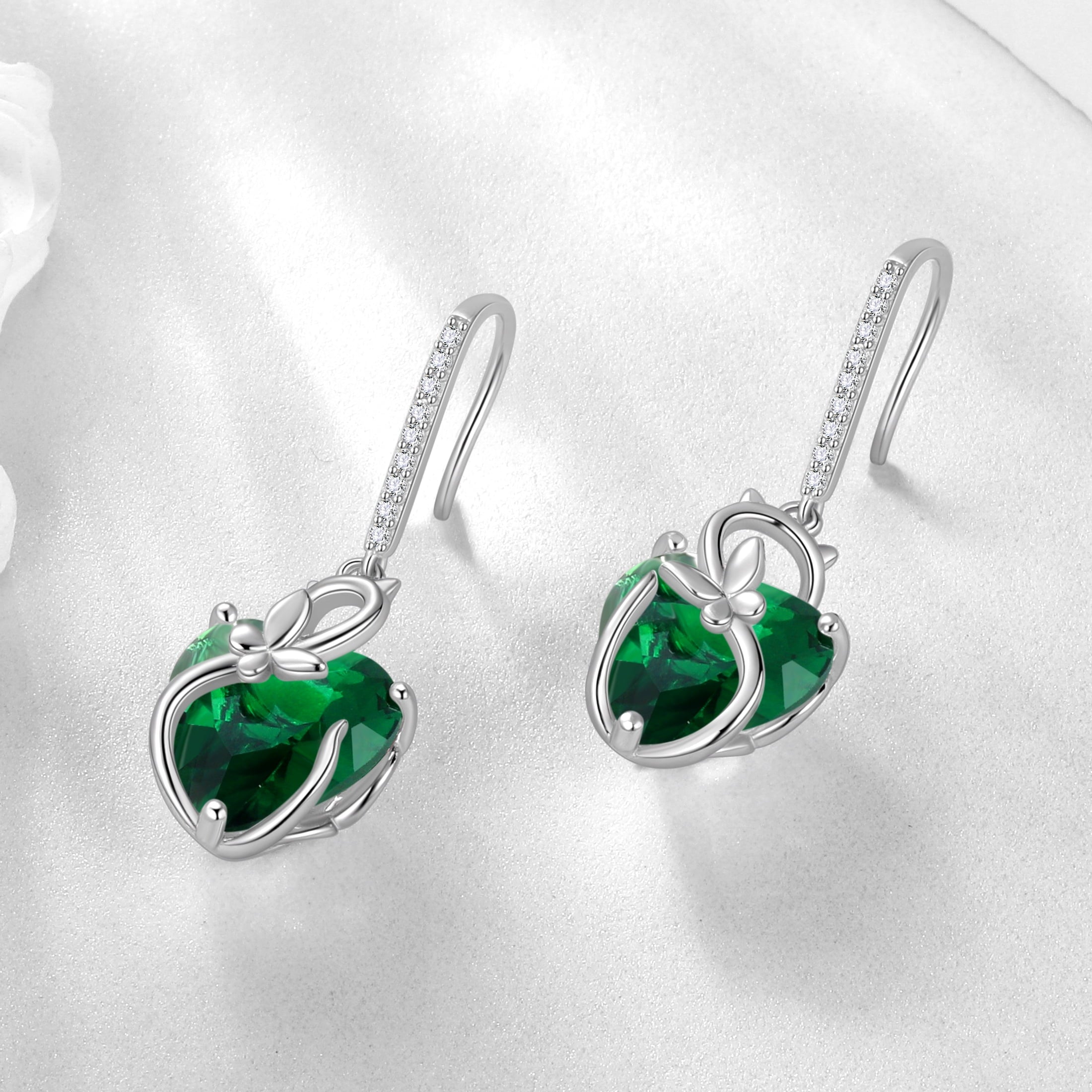 Cat Butterfly Earrings for Women 925 Sterling Silver Earrings Dangle Drop Hook Green Heart Emerald May Birthstone Jewelry Christmas Birthday Valentines Mother's Day Gifts for Mom Grandma - Aurora Tears