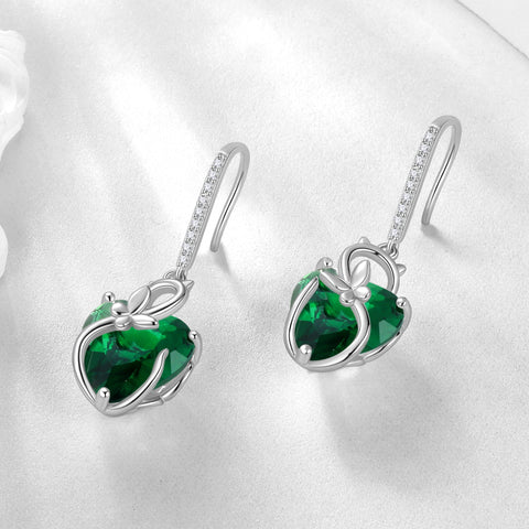 Cat Butterfly Earrings for Women 925 Sterling Silver Earrings Dangle Drop Hook Green Heart Emerald May Birthstone Jewelry Christmas Birthday Valentines Mother's Day Gifts for Mom Grandma - Aurora Tears
