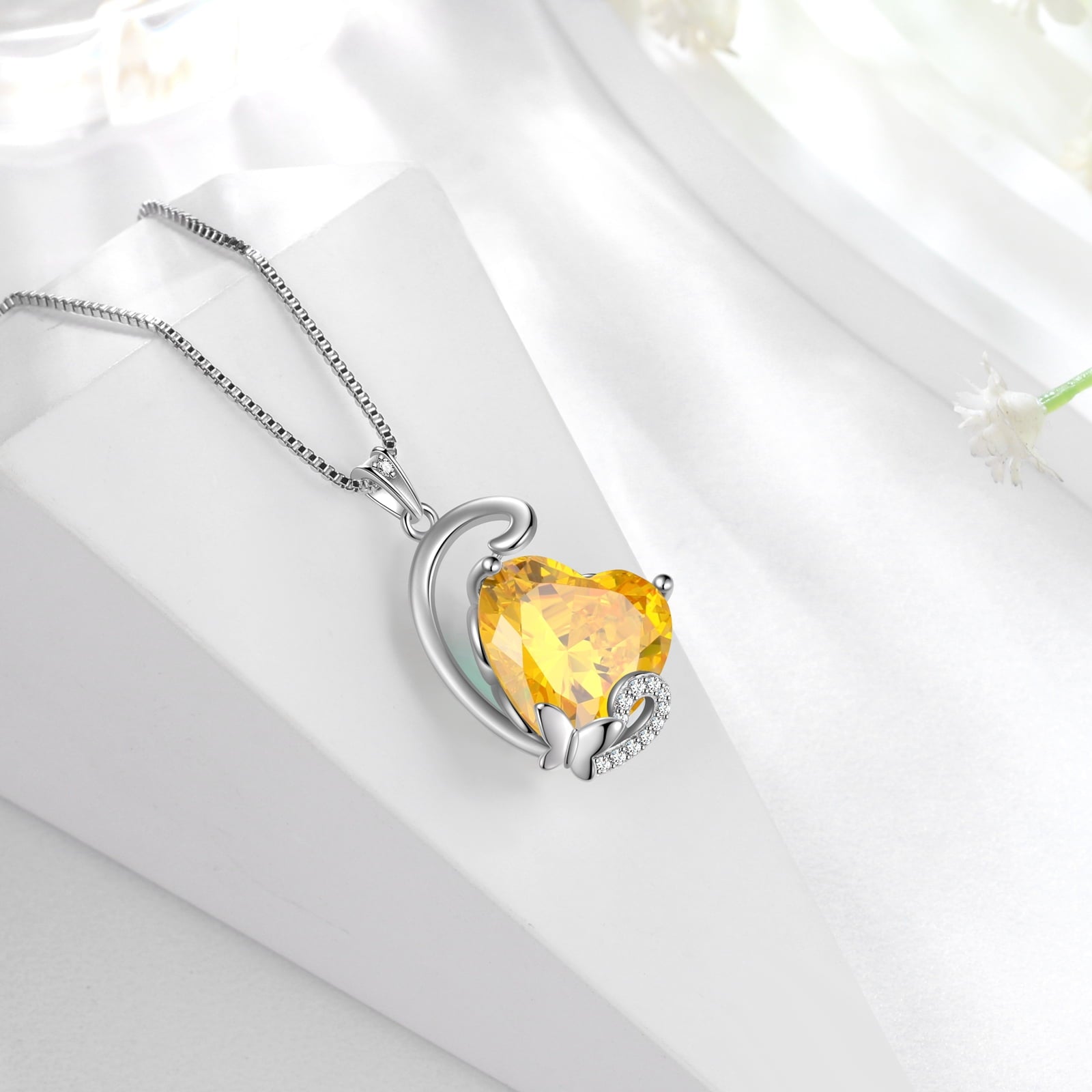 November Birthstone Heart Necklace Butterfly Pendant Citrine Jewelry Yellow CZ 925 Sterling Silver Mother Christmas Birthday Gift for Women - Aurora Tears