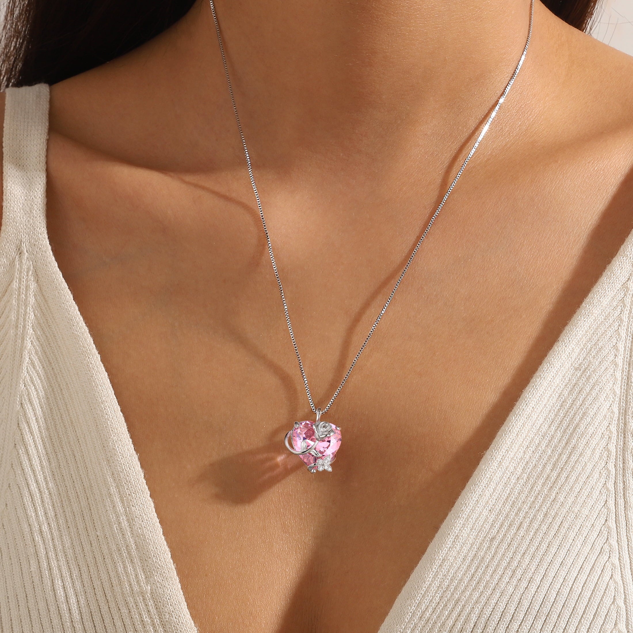 15MM Women Rose Heart Necklace October Birthstone 925 Sterling Silver Butterfly Flower Pendant Pink Tourmaline Jewelry Mother Valentine's Day Gifts - Aurora Tears