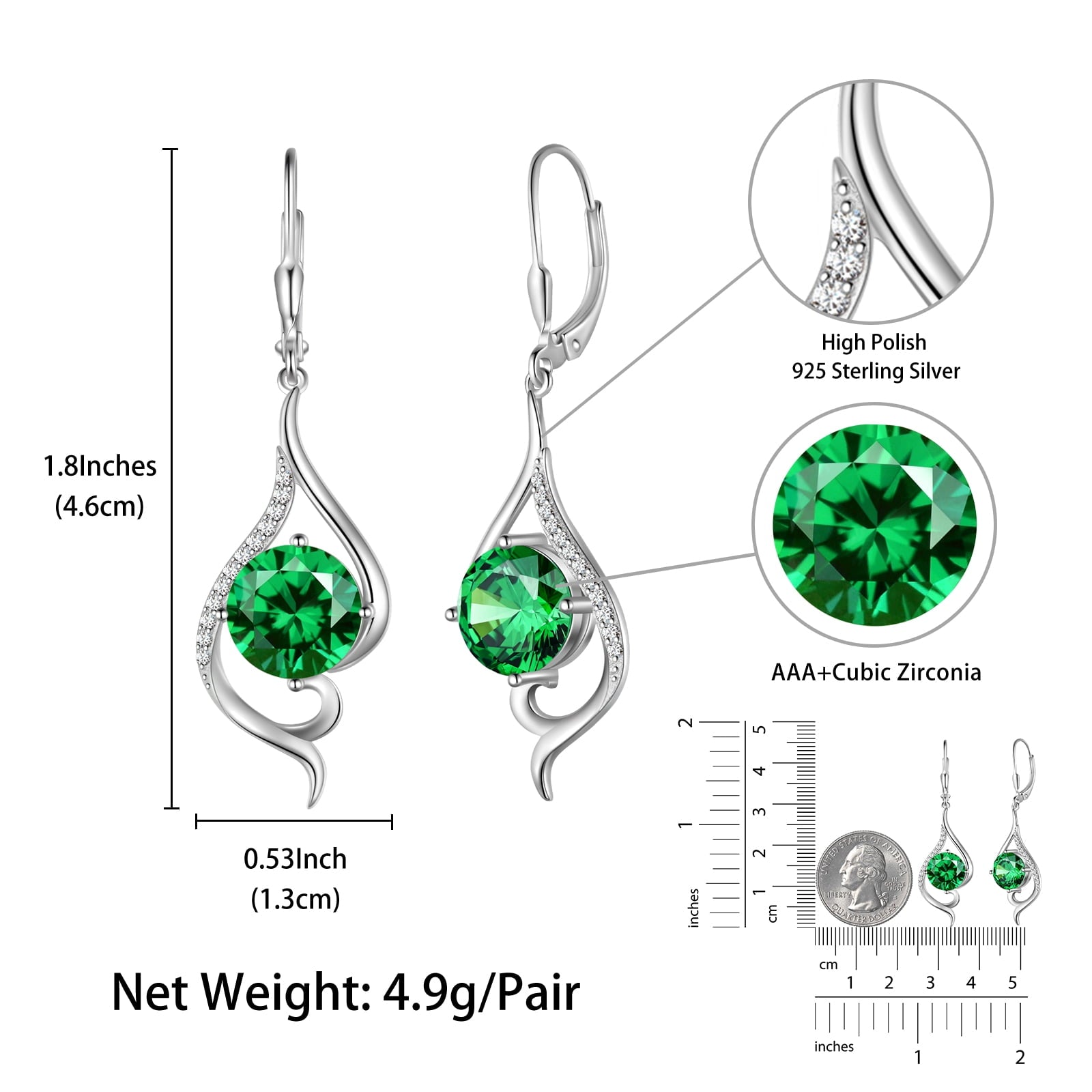 Women Dangle Earrings May Birthstone Earring Emerald Green 925 Sterling Silver Leverback Hanging Tail Jewelry Christmas Mother's Day Gift for Her/Mom/Grandma/Wife - Aurora Tears