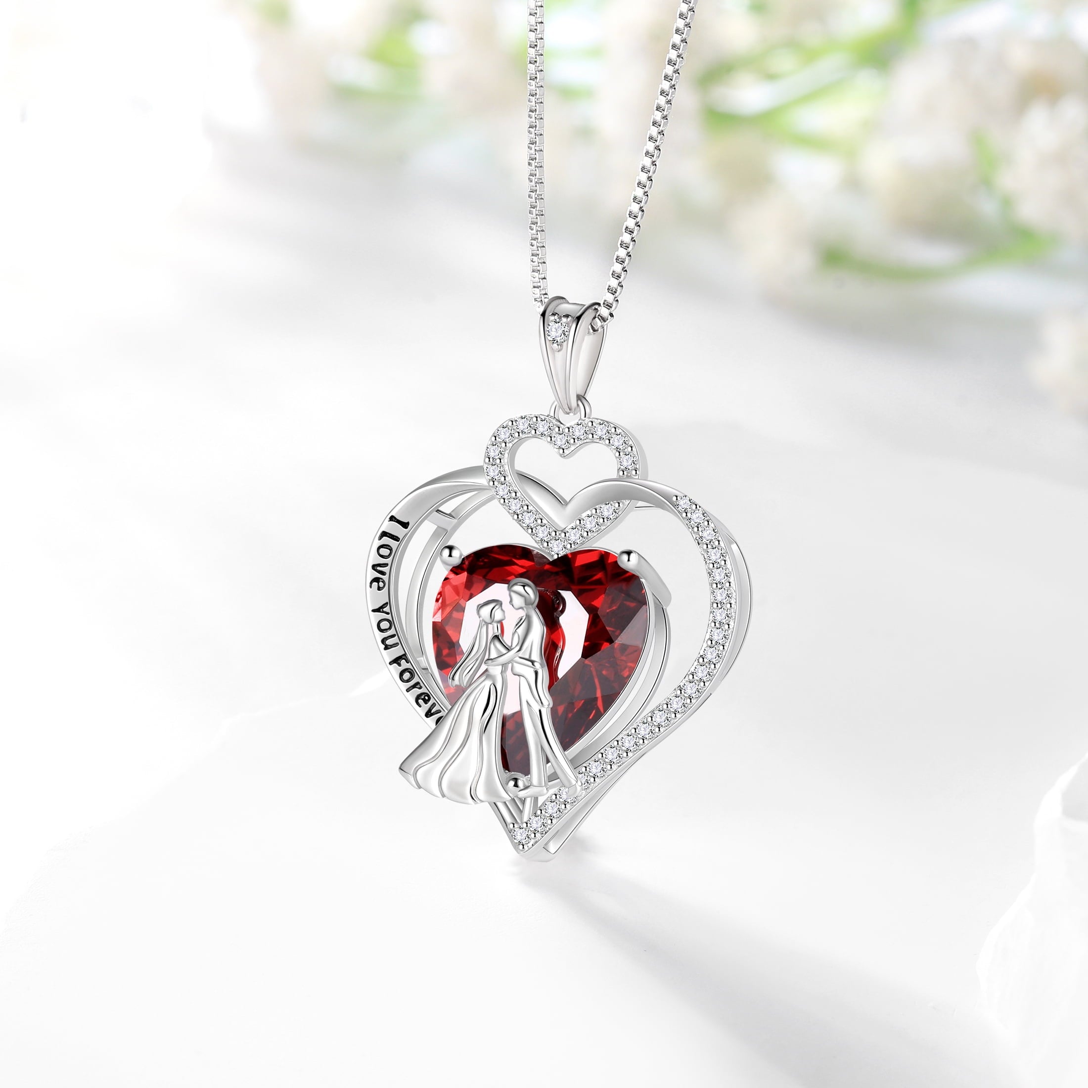 Couple Necklace for Women 925 Sterling Silver Heart January Birthstone Pendant Engraved Bridal Wedding Engagement Jewelry Valentines Gifts for Her Wife Girlfriend - Aurora Tears