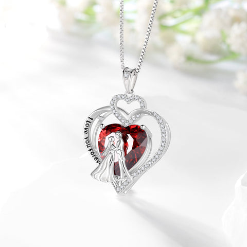 Couple Necklace for Women 925 Sterling Silver Heart January Birthstone Pendant Engraved Bridal Wedding Engagement Jewelry Valentines Gifts for Her Wife Girlfriend - Aurora Tears
