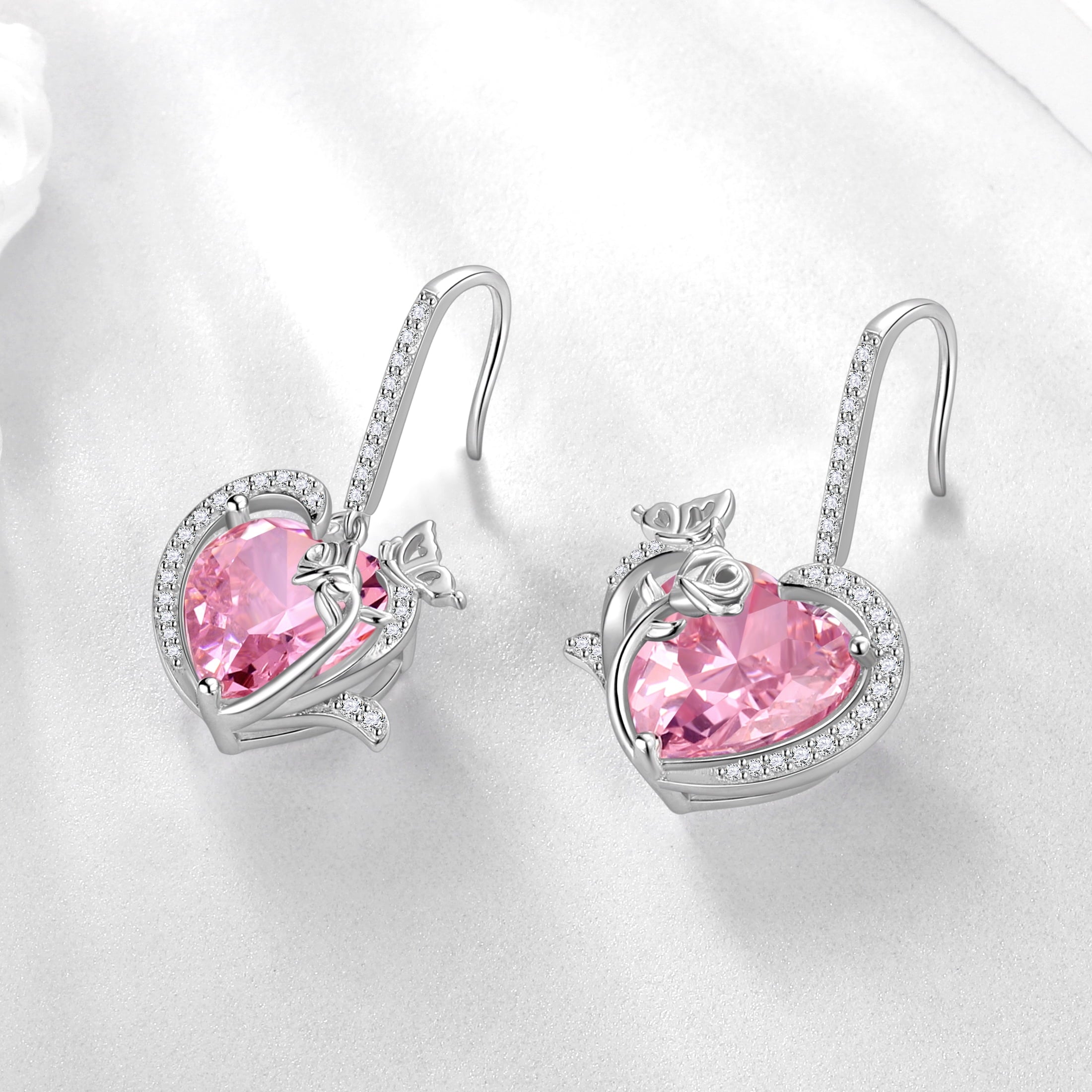 Women October Birthstone Drop Earrings Heart Tourmaline Pink Butterfly Rose Jewelry 925 Sterling Silver Hook Mother Christmas Valentine's Day Gift - Aurora Tears