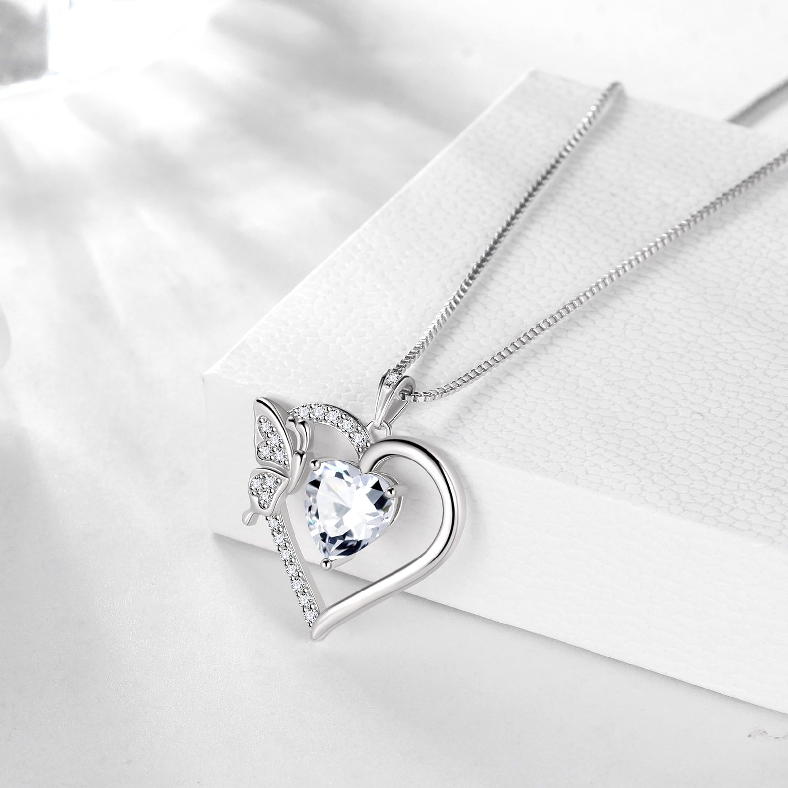 Women White Heart Necklace Butterfly April Birthstone Necklace Diamond Crystal 925 Sterling Silver Pendant Jewelry Birthday Valentine's Day Gift - Aurora Tears