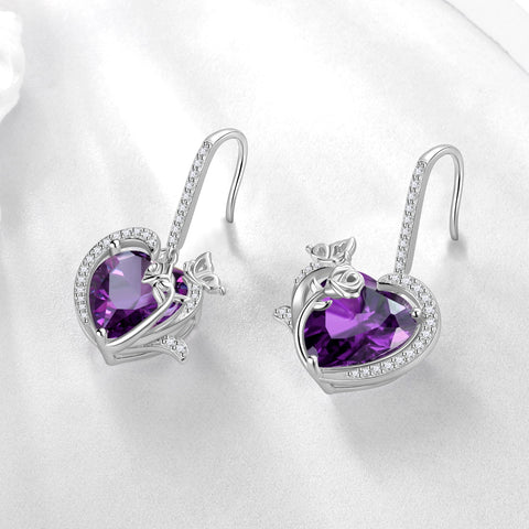 Women February Birthstone Drop Earrings Heart Amethyst Purple Butterfly Rose Jewelry Hook 925 Sterling Silver Earring Birthday Valentine's Day Gift - Aurora Tears