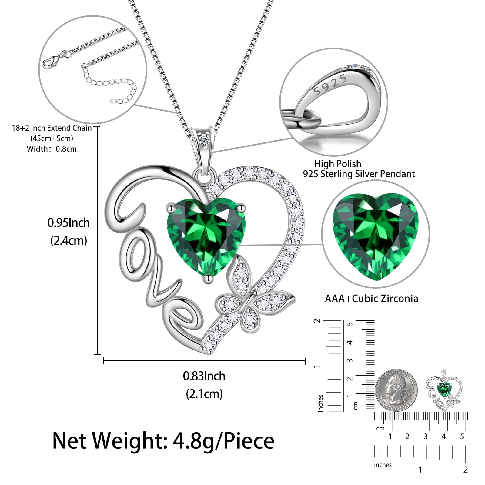 Women Green Love Heart Necklace Butterfly May Birthstone Necklace Emerald 925 Sterling Silver Jewelry Valentine Christmas Birthday Mothers Day Gift Idea - Aurora Tears