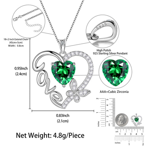 Women Green Love Heart Necklace Butterfly May Birthstone Necklace Emerald 925 Sterling Silver Jewelry Valentine Christmas Birthday Mothers Day Gift Idea - Aurora Tears