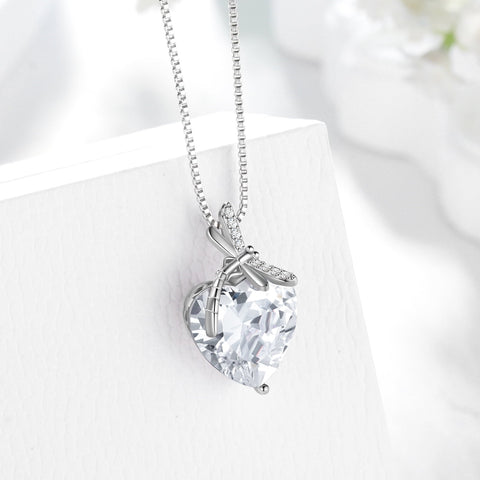 Dragonfly Necklace Heart April Birthstone Necklace Diamond CZ 925 Sterling Silver Pendant White Jewelry Women Birthday Christmas Mother's Day Gift - Aurora Tears