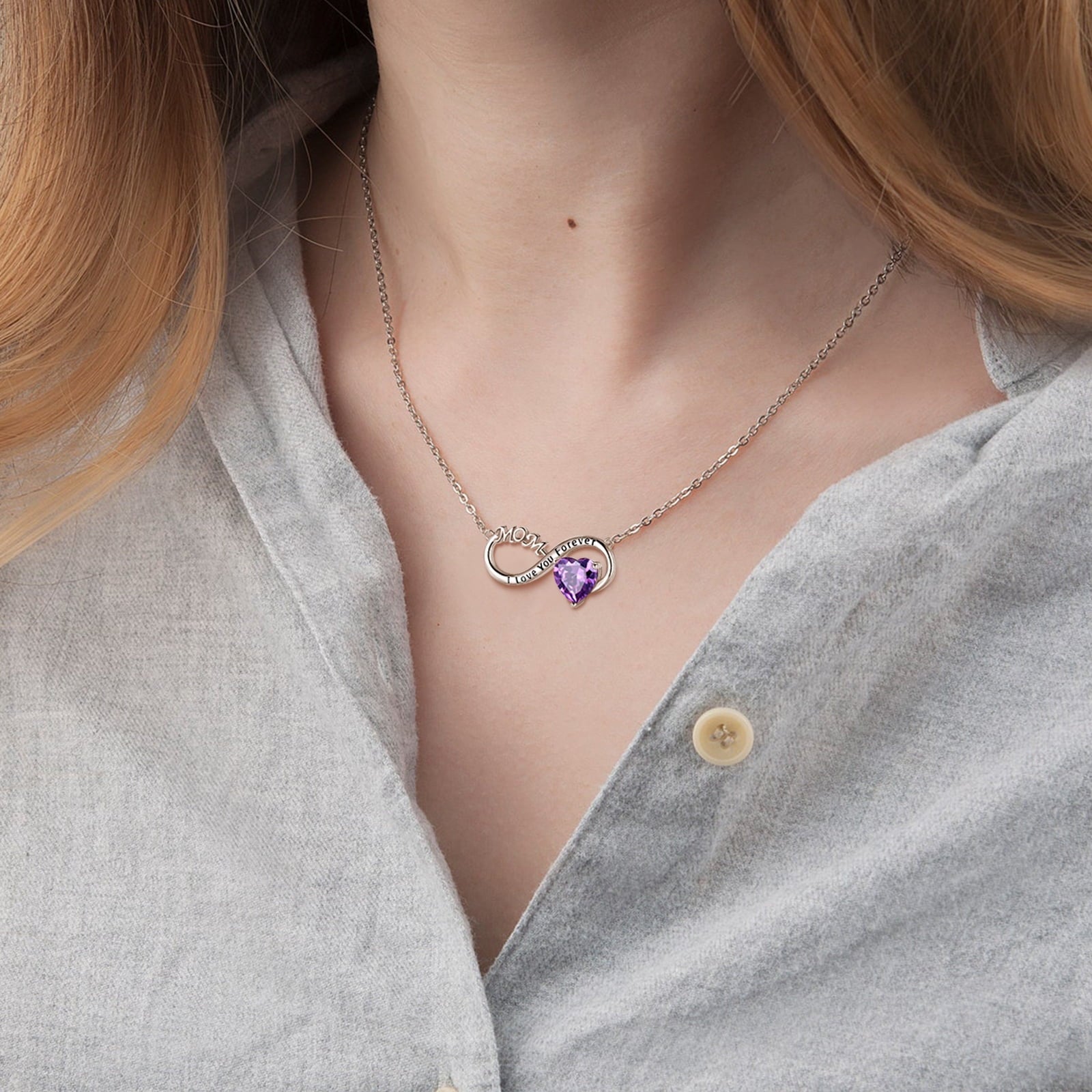 Women Infinity Heart Necklace for Mom February Birthstone Amethyst Purple Pendant 925 Sterling Silver Jewelry Grandma Birthday Xmas Mother's Day Gift - Aurora Tears