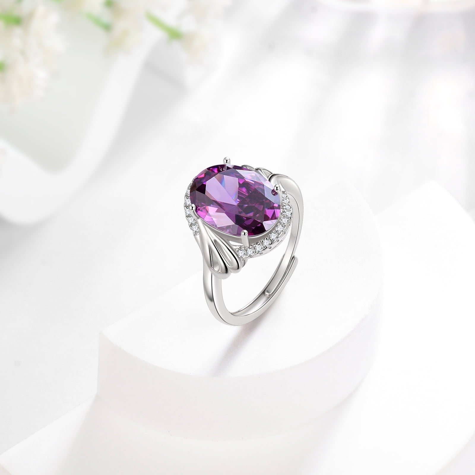 Halo Oval 8Ct Women Ring 925 Sterling Silver February Birthstone Amethyst Purple Crystal Jewelry Mother Grandma Birthday Valentine's Day Gift - Aurora Tears