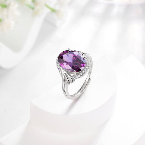 Halo Oval 8Ct Women Ring 925 Sterling Silver February Birthstone Amethyst Purple Crystal Jewelry Mother Grandma Birthday Valentine's Day Gift - Aurora Tears