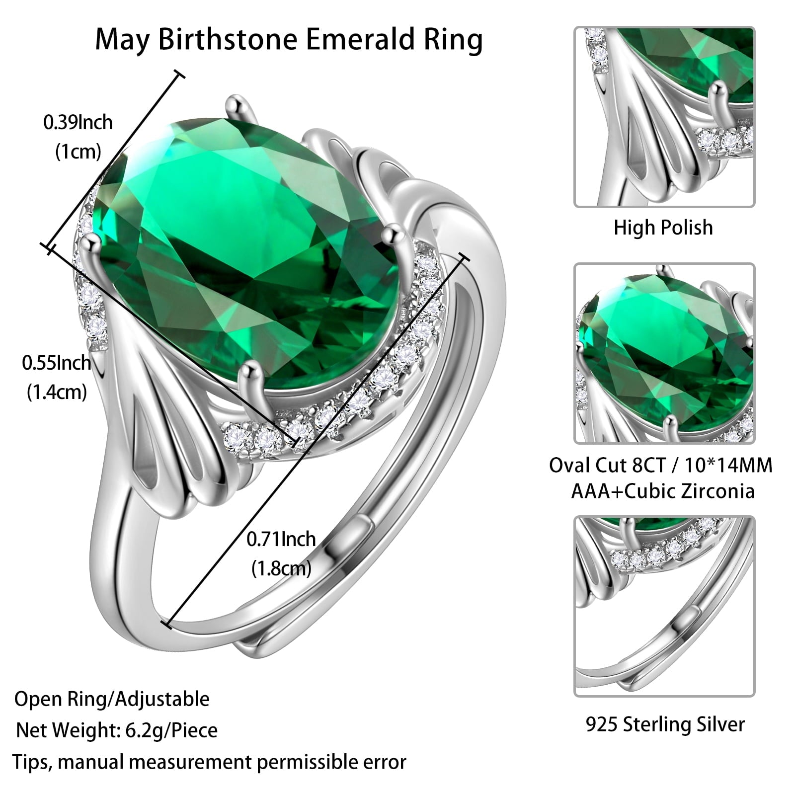 8Ct Women Emerald Ring 925 Sterling Silver Oval Halo Green May Birthstone Ring Band Jewelry Birthday Christmas Mom Grandma Mother's Day Gifts - Aurora Tears