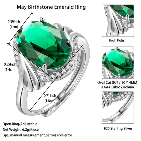 8Ct Women Emerald Ring 925 Sterling Silver Oval Halo Green May Birthstone Ring Band Jewelry Birthday Christmas Mom Grandma Mother's Day Gifts - Aurora Tears