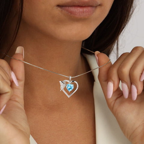 Women Blue Heart Necklace Butterfly March Birthstone Necklace Aquamarine 925 Sterling Silver Pendant Jewelry Christmas Birthday Mother's Day Gift - Aurora Tears