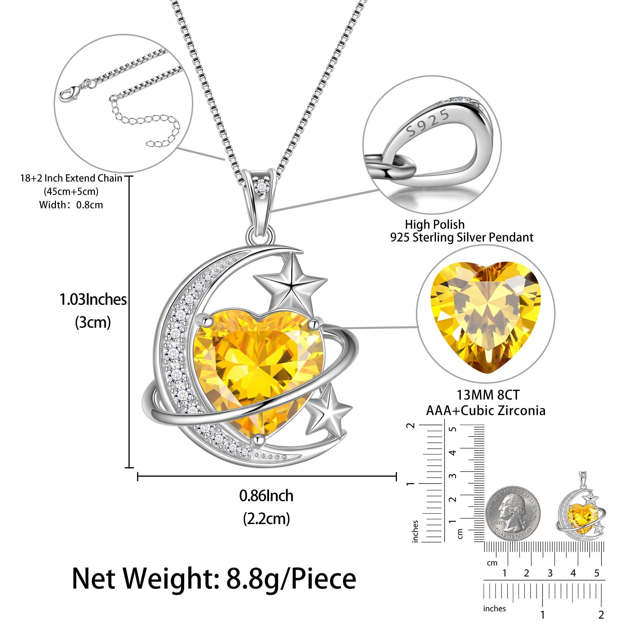 13MM Women Moon and Star Necklace Heart November Birthstone 925 Sterling Silver Sun and Moon Necklace Pendant Yellow Citrine Jewelry Christmas Valentines Mother's Day Gift - Aurora Tears
