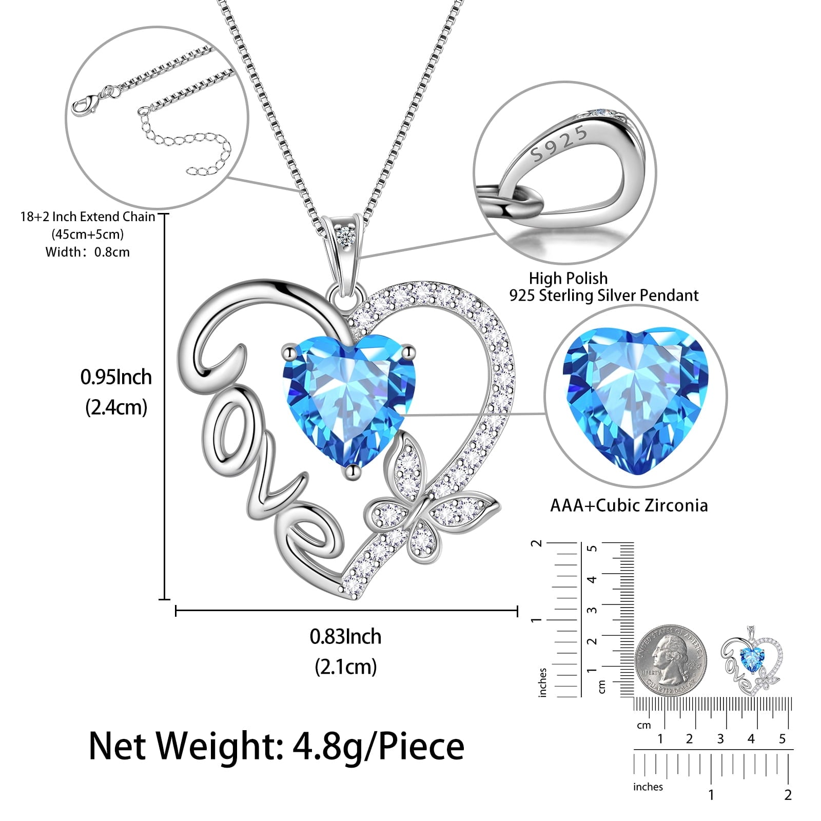 Women Blue Love Heart Necklace Butterfly March Birthstone Necklace Aquamarine CZ 925 Sterling Silver Pendant Jewelry Birthday Mother's Day Gift for Her - Aurora Tears