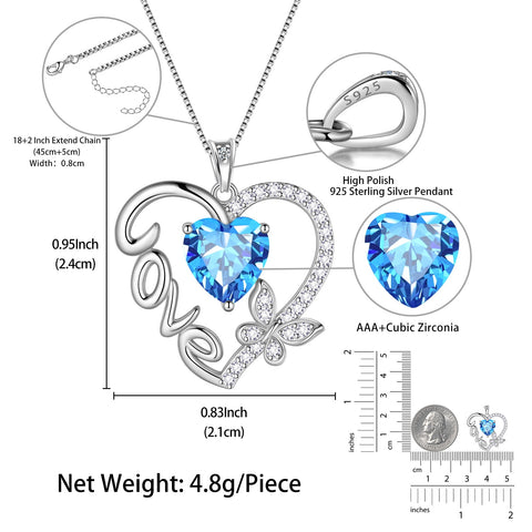 Women Blue Love Heart Necklace Butterfly March Birthstone Necklace Aquamarine CZ 925 Sterling Silver Pendant Jewelry Birthday Mother's Day Gift for Her - Aurora Tears