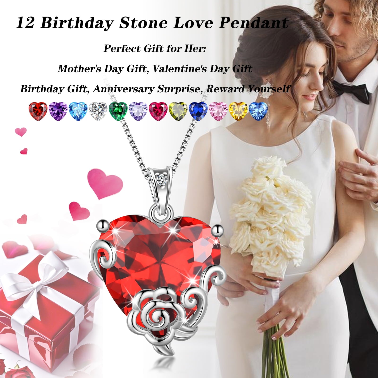 Women Heart Necklace October Birthstone Tourmaline Jewelry Pink 925 Sterling Silver Rose Flower Pendant Birthday Christmas Valentine's Day Gifts - Aurora Tears