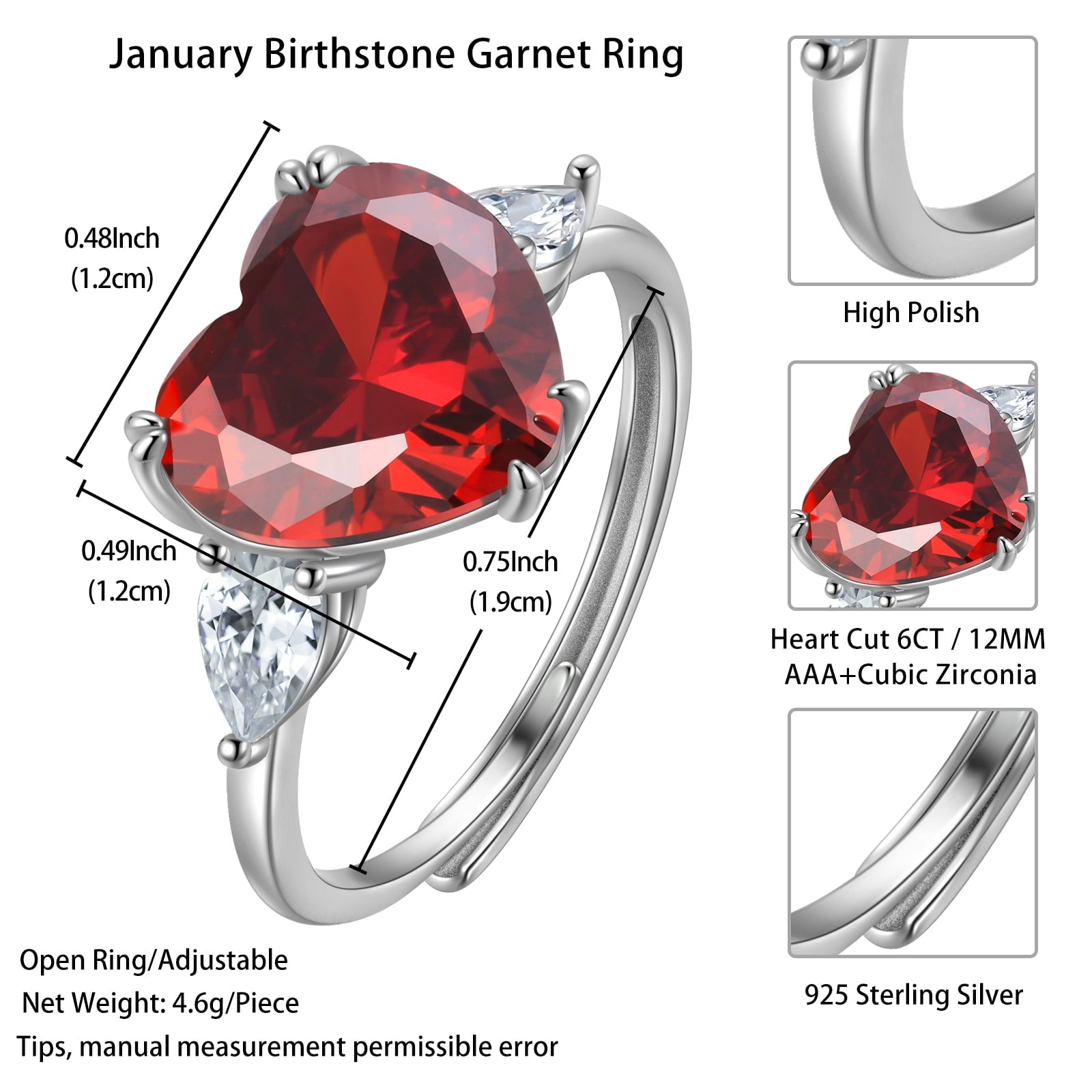 6Ct Women Heart Ring 925 Sterling Silver January Birthstone Garnet Red Jewelry Mother Birthday Wedding Valentine's Day Gift - Aurora Tears