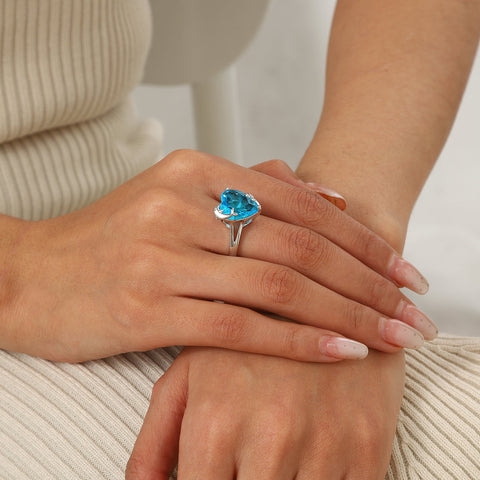 9Ct Women Heart Ring 925 Sterling Silver Dolphin March Birthstone Aquamarine Blue Solitaire Ring Jewelry Birthday Gift for Mother - Aurora Tears