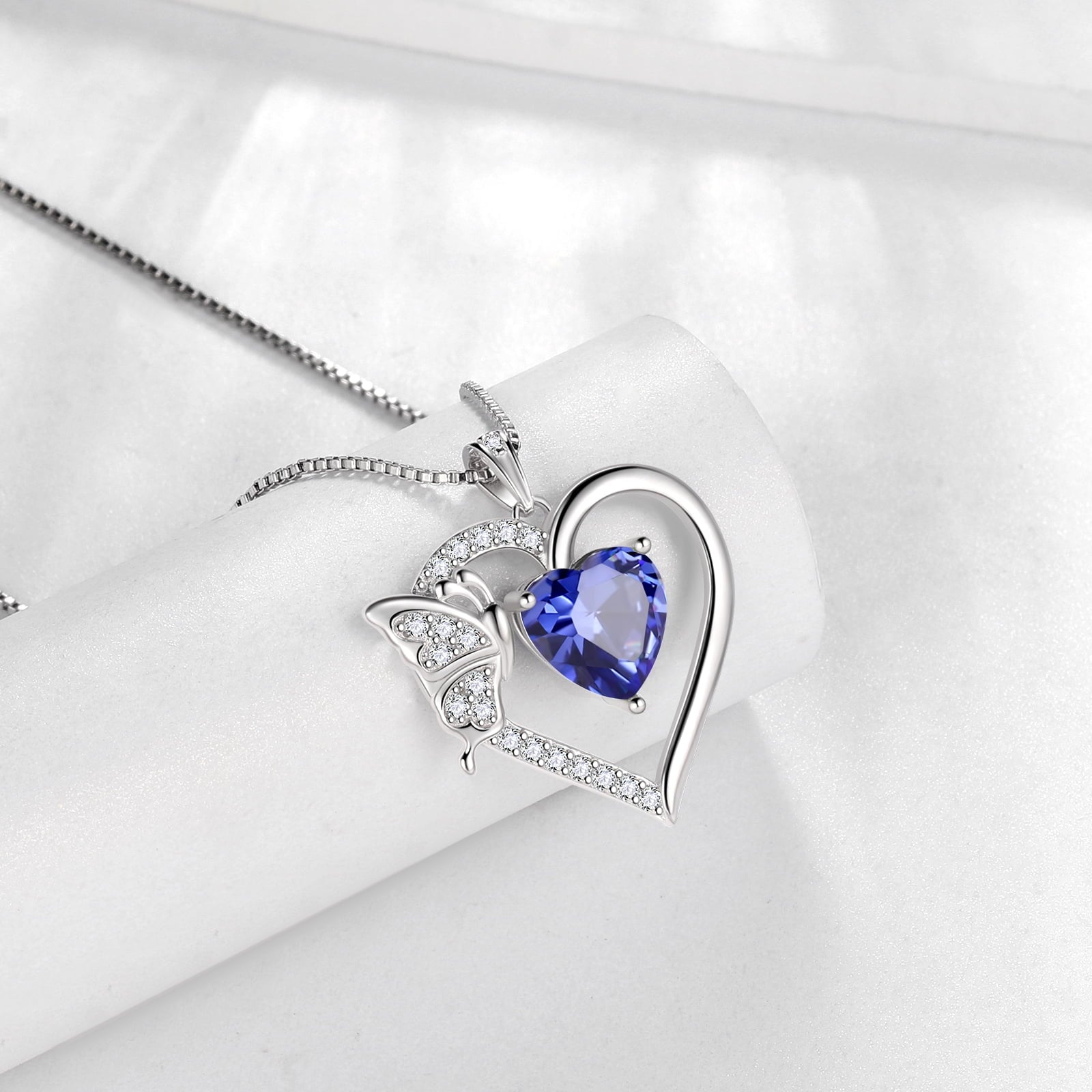 Women Blue Heart Necklace Butterfly December Birthstone Necklace Tanzanite CZ 925 Sterling Silver Pendant Jewelry Mother Wife Christmas Birthday Gift - Aurora Tears