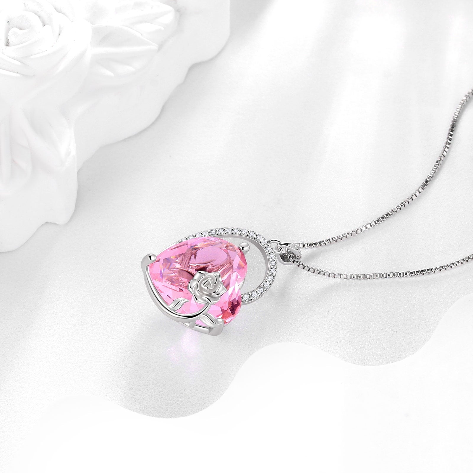 925 Sterling Silver 15MM Heart Necklace Women October Birthstone Tourmaline Jewelry Pink Rose Flower Pendant Mother Christmas Valentine's Day Gift - Aurora Tears