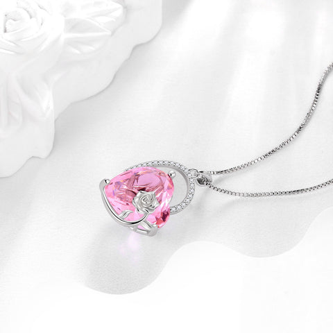 925 Sterling Silver 15MM Heart Necklace Women October Birthstone Tourmaline Jewelry Pink Rose Flower Pendant Mother Christmas Valentine's Day Gift - Aurora Tears