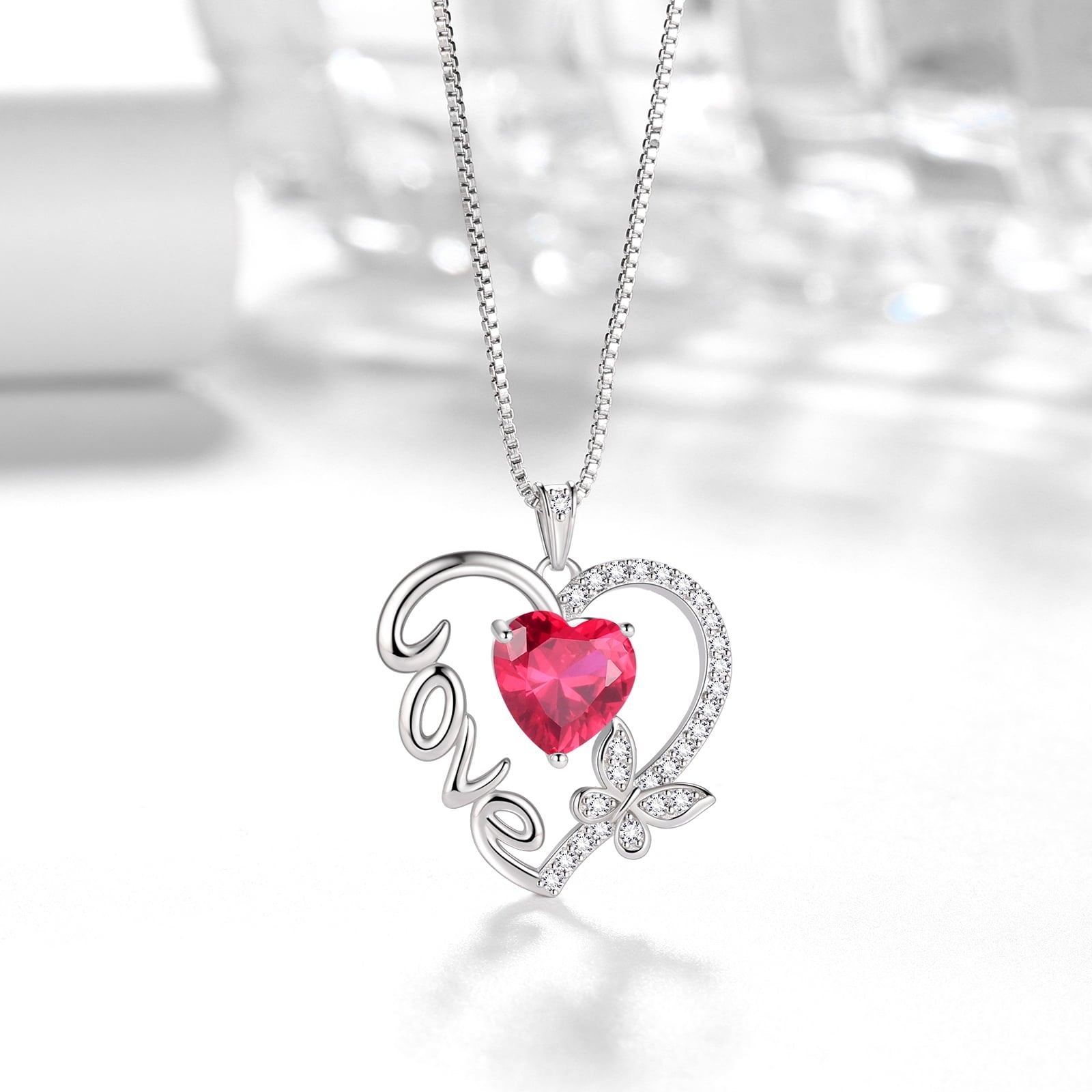 Women Red Love Heart Necklace Butterfly July Birthstone Necklace Ruby 925 Sterling Silver Pendant Jewelry Mother Birthday Valentine's Day Gift for Her - Aurora Tears
