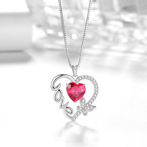 Women Red Love Heart Necklace Butterfly July Birthstone Necklace Ruby 925 Sterling Silver Pendant Jewelry Mother Birthday Valentine's Day Gift for Her - Aurora Tears