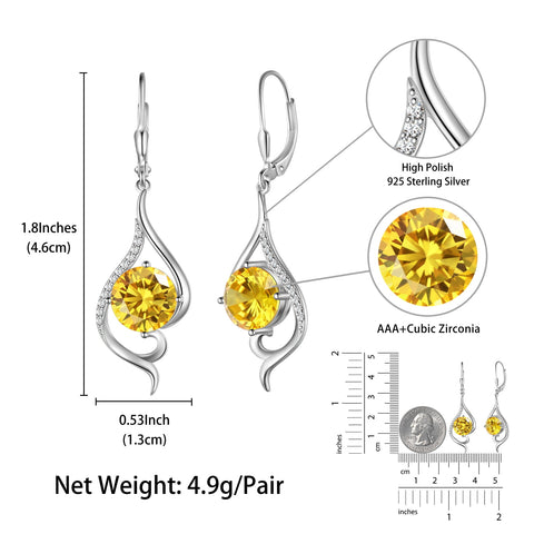 Women Dangle Earrings Citrine November Birthstone Sterling Silver Leverback Earrings Yellow CZ Tail Jewelry Christmas Valentine Birthday Mother's Day Gift for Her - Aurora Tears