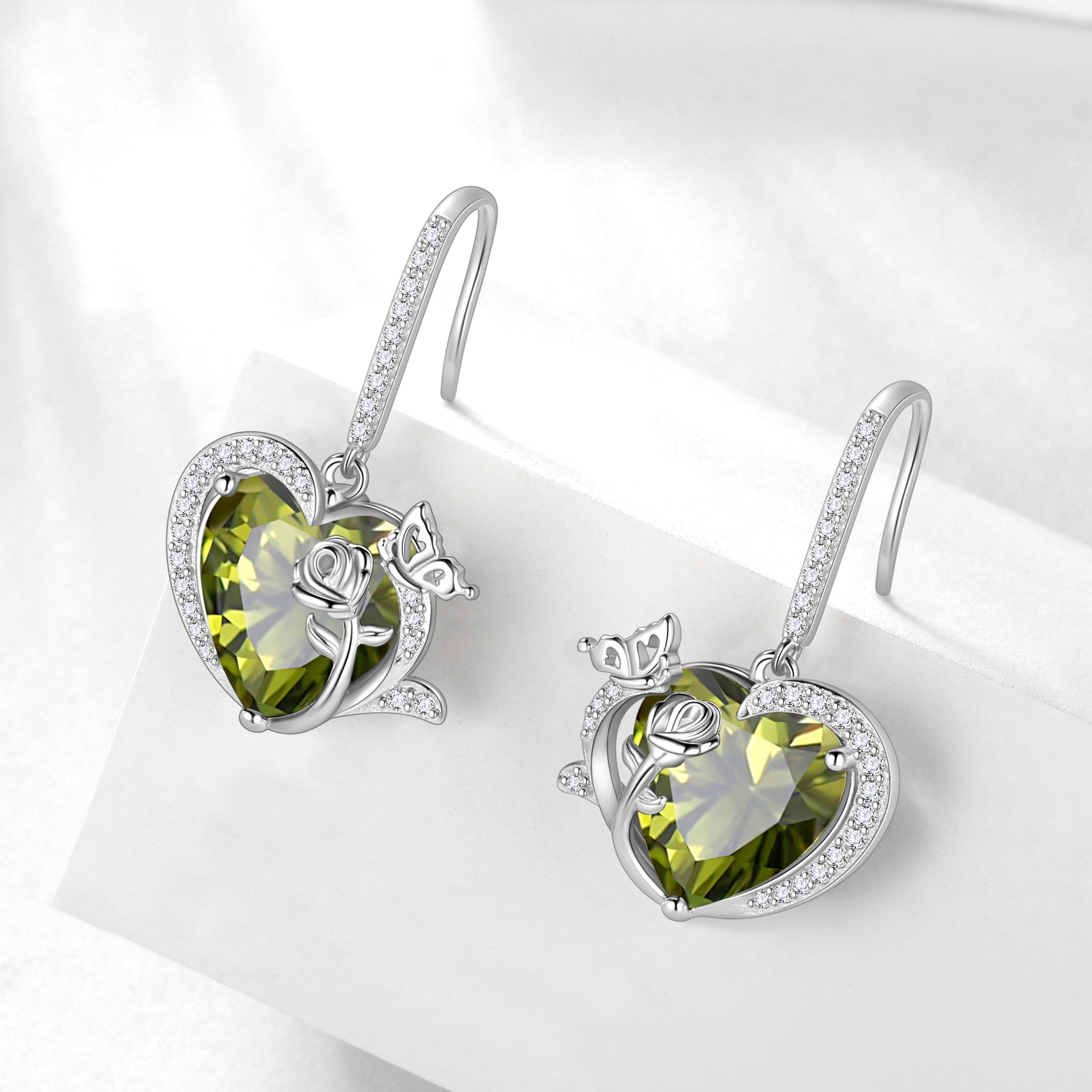 Women August Birthstone Drop Earrings Heart Peridot Butterfly Rose Jewelry Hook 925 Sterling Silver Earring Mother Valentine's Day Gifts - Aurora Tears