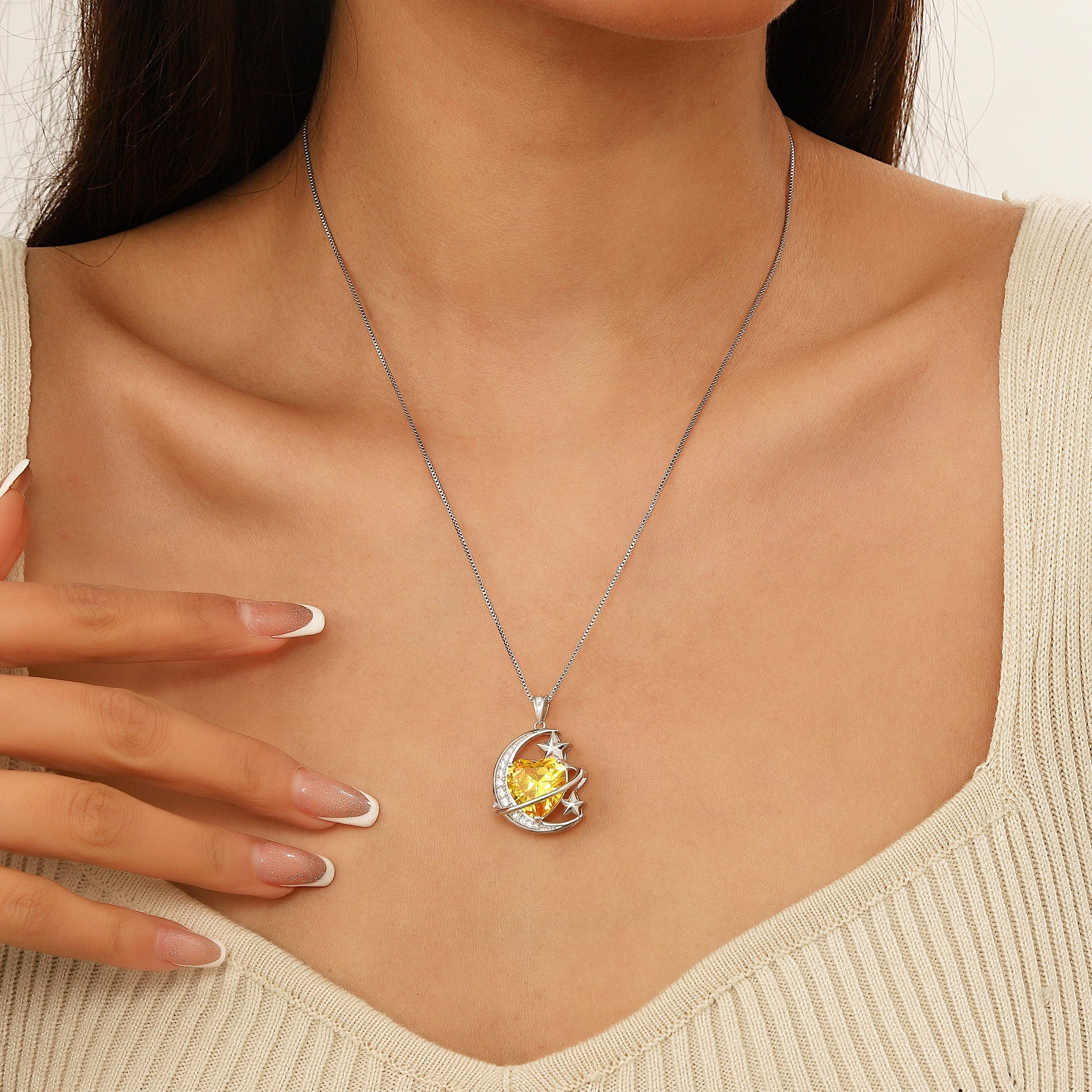 13MM Women Moon and Star Necklace Heart November Birthstone 925 Sterling Silver Sun and Moon Necklace Pendant Yellow Citrine Jewelry Christmas Valentines Mother's Day Gift - Aurora Tears