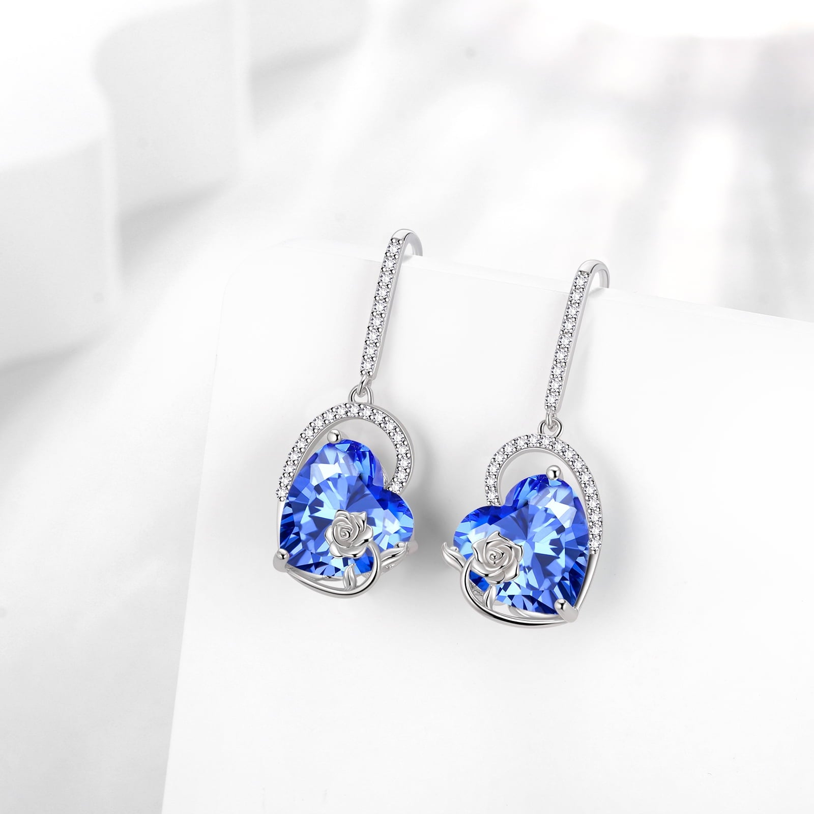 925 Sterling Silver Earrings Women Heart December Birthstone Hook Dangle Earring Tanzanite Blue Rose Flower Jewelry Mother Wife Christmas Birthday Gift - Aurora Tears