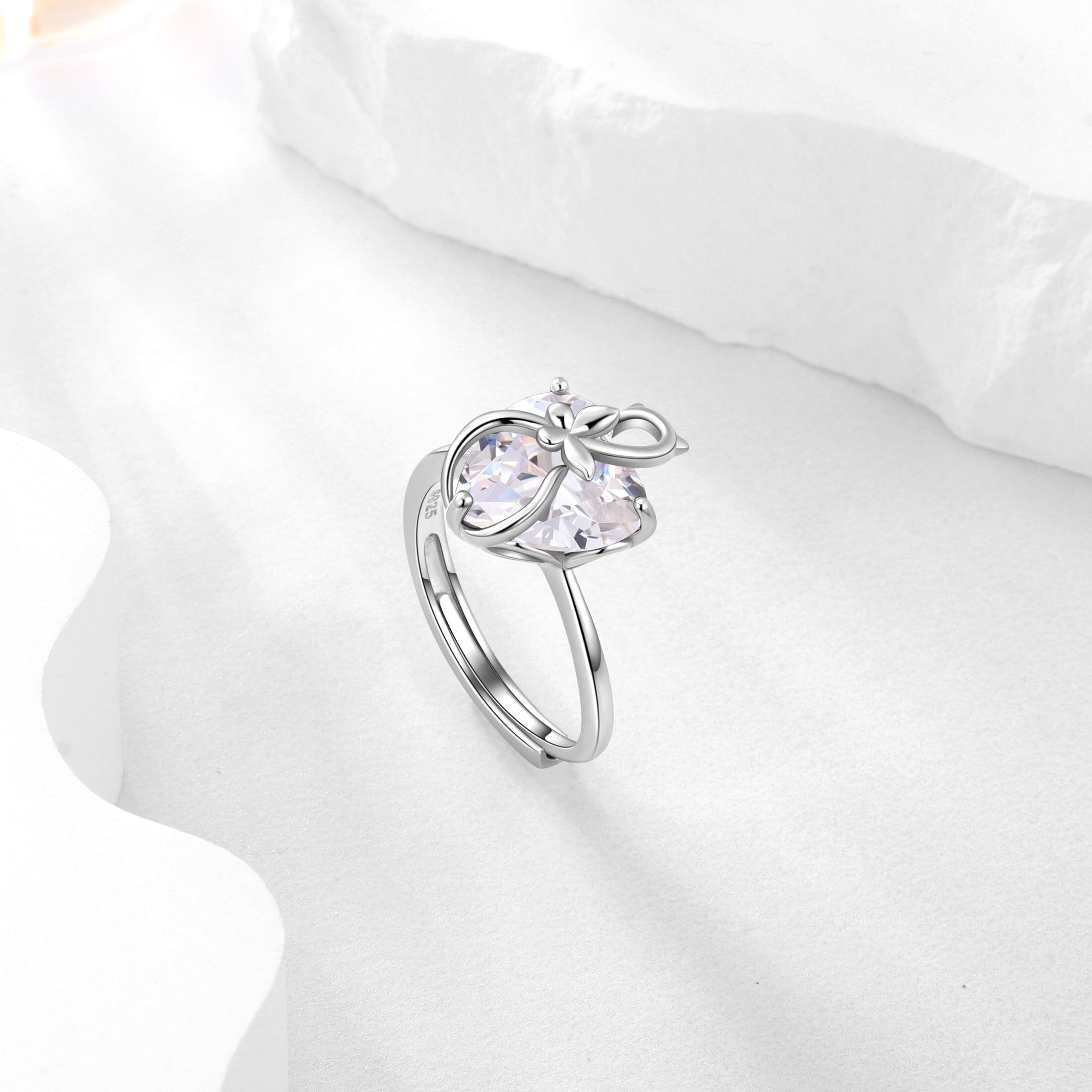 Women Heart Ring 925 Sterling Silver Cat Butterfly April Birthstone Diamond Crystal Solitaire Ring Bridal Jewelry Birthday Gift for Cat Lover - Aurora Tears