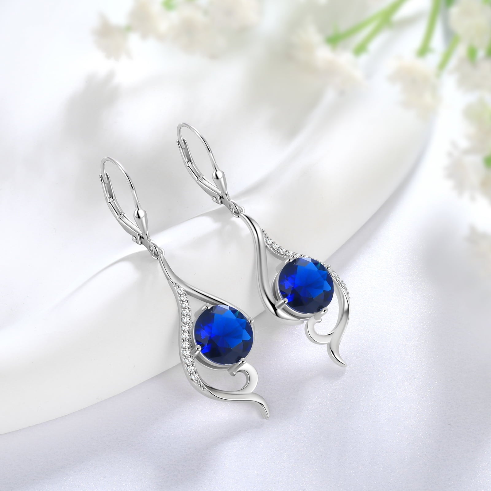 Women Blue Sapphire Dangle Earrings September Birthstone Sterling Silver Earring Leverback Tail Jewelry Mom Christmas Birthday Valentines Mothers Day Gift for Her - Aurora Tears