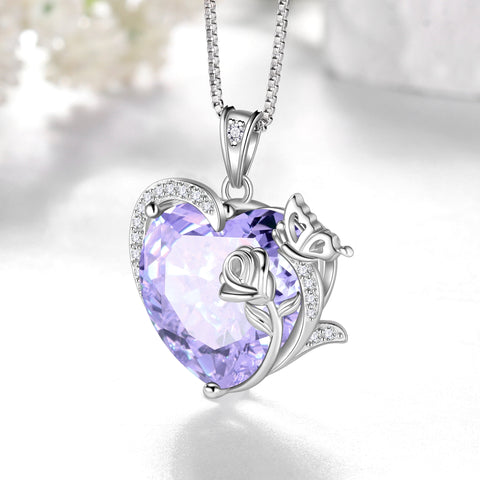 Women Heart Necklace Butterfly Rose Flower Pendant June Birthstone Alexandrite Crystal 925 Sterling Silver Jewelry Mother Wife Birthday Gift - Aurora Tears