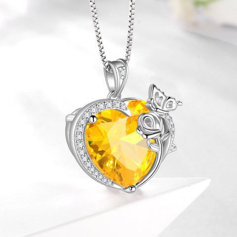 Women Necklace Butterfly Rose Flower Heart Pendant November Birthstone Citrine Yellow Jewelry 925 Sterling Silver Mom Christmas Birthday Gift - Aurora Tears