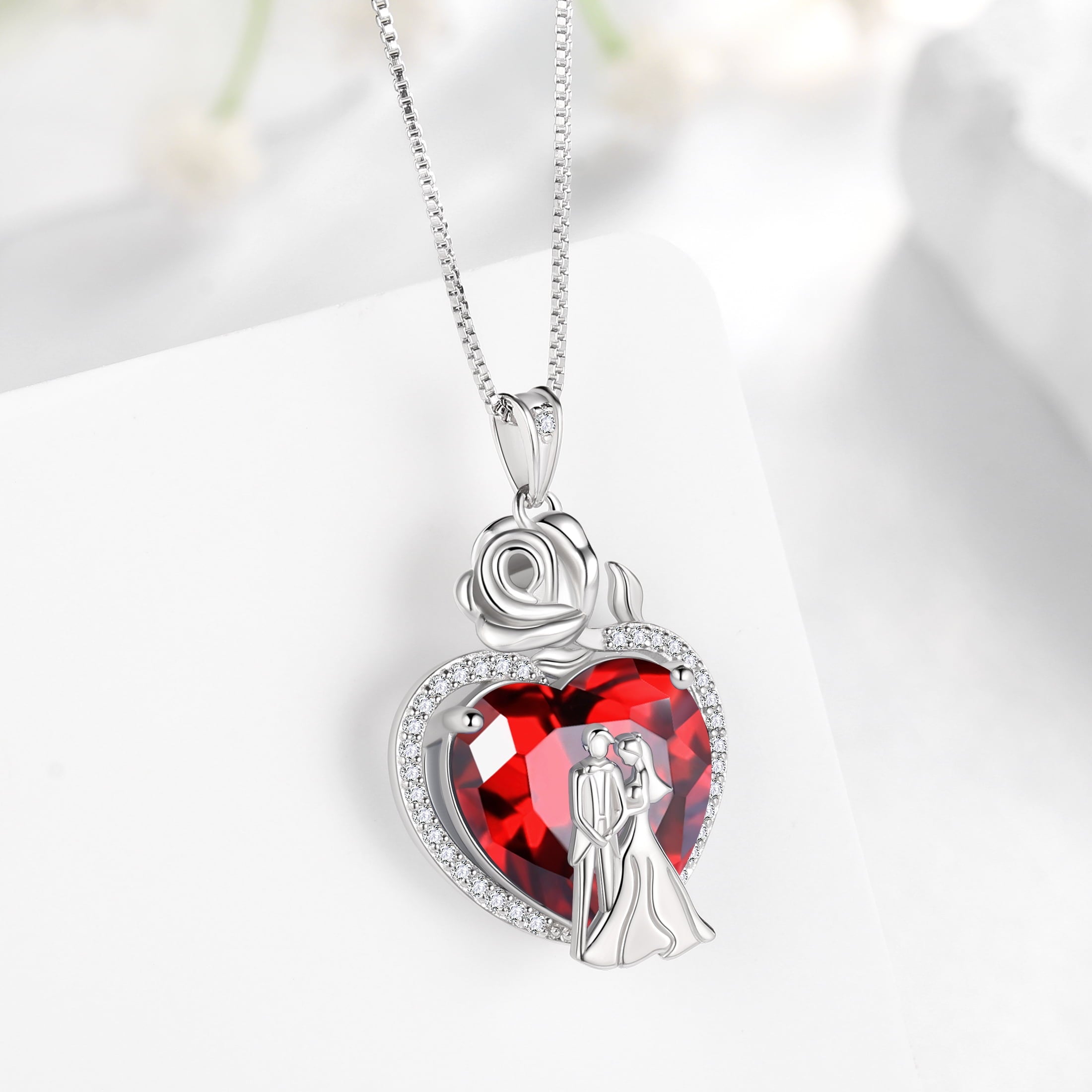 Couple Necklace for Women 925 Sterling Silver 15MM Heart January Birthstone Rose Flower Pendant Promise Engagement Jewelry Valentine's Day Gift for Her Wife Bride - Aurora Tears