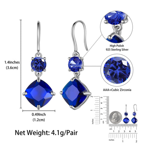 Women Blue Sapphire Dangle Earrings 925 Sterling Silver Hook September Birthstone Earring Cushion Jewelry Birthday Christmas Mother's Day Gift - Aurora Tears