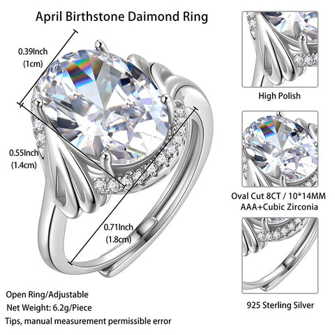 Anello da donna ovale 8CT in argento sterling con pietra portafortuna, fascia regolabile, regalo di compleanno per la mamma, regalo di Natale