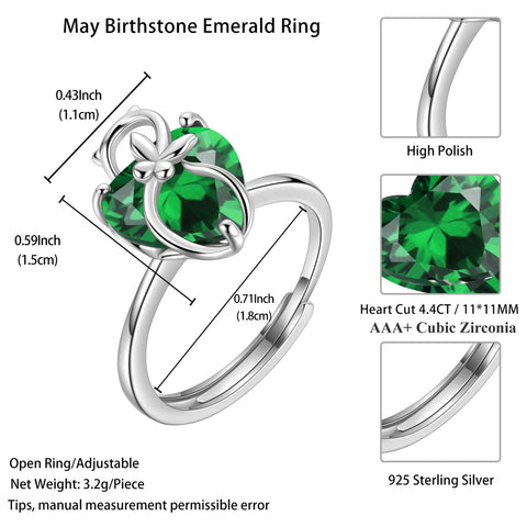 Women Heart Ring 925 Sterling Silver Cat Butterfly May Birthstone Emerald Green Solitaire Ring Jewelry Cat Lover Birthday Mother's Day Gift - Aurora Tears